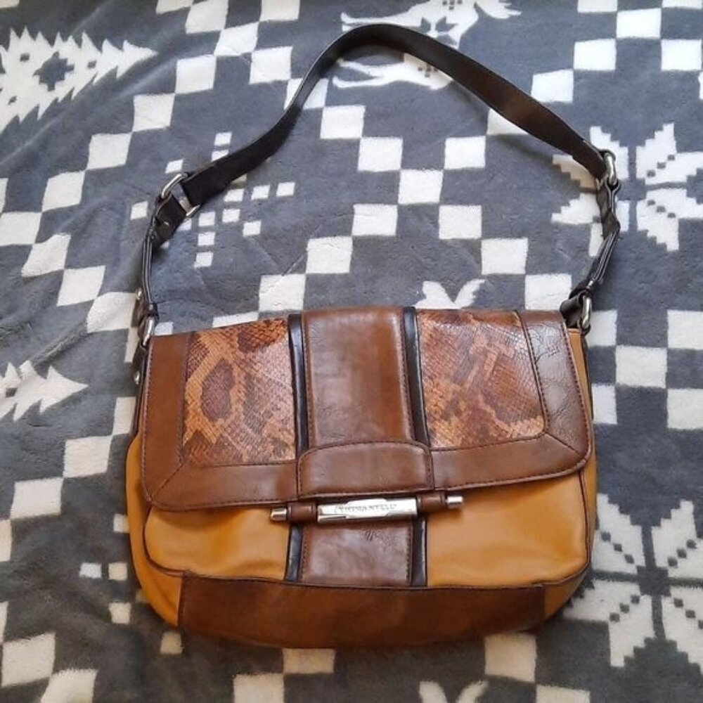 Tignanello Brown Leather Snakeskin Print Shoulder Handbag